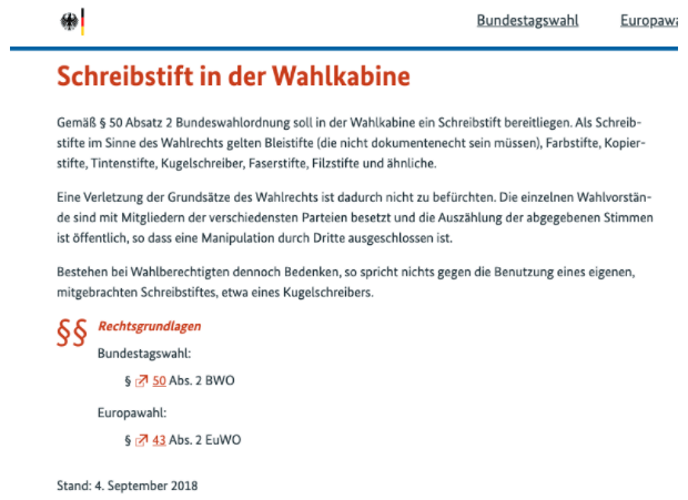 Auf der Webseite des Bundeswahlleiters steht erläutert, dass auch eine Stimmabgabe per Bleistift gültig ist