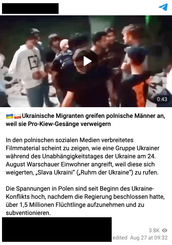 In einem Telegrambeitrag wird behauptet, das Video zeige Ukrainer, die polnische Männer angreifen.